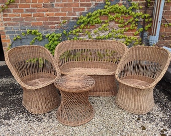 four (4) piece vintage wicker outdoor patio set | boho wicker loveseat sofa + two chairs + table