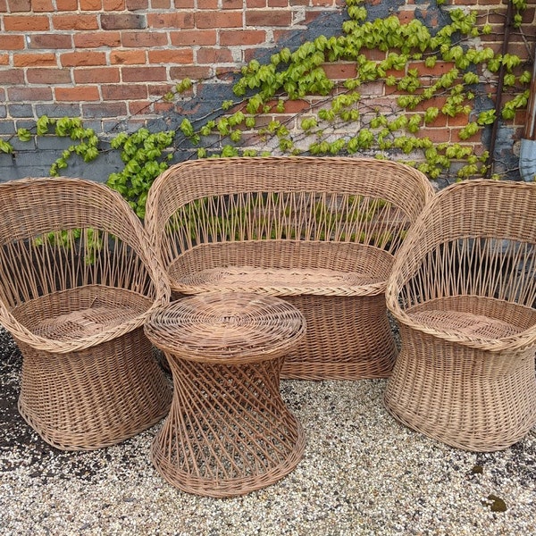 four (4) piece vintage wicker outdoor patio set | boho wicker loveseat sofa + two chairs + table