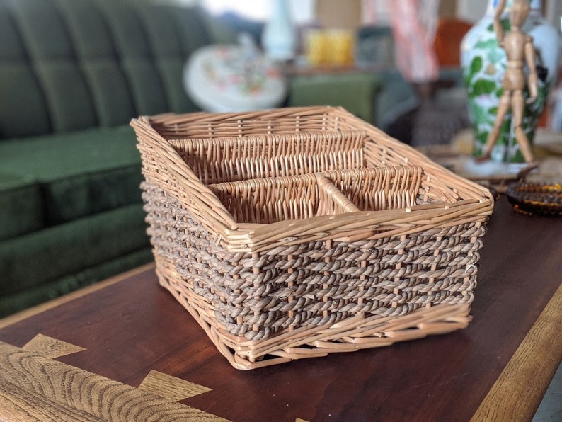 Vintage sloped woven wicker desk organizer mail sorting Etsy