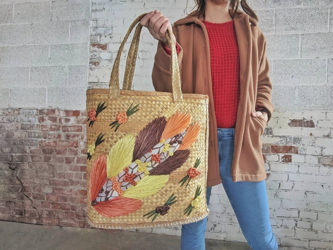 Vintage Woven Straw Wicker Polynesian Flower Beach Bag | Retro Floral ...