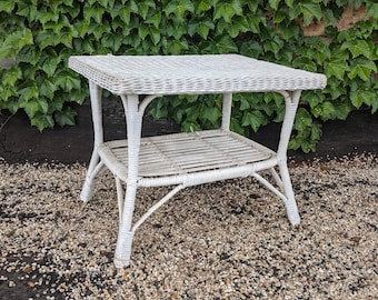 vintage white wicker table | eclectic farmhouse country cottage boho outdoor patio furniture