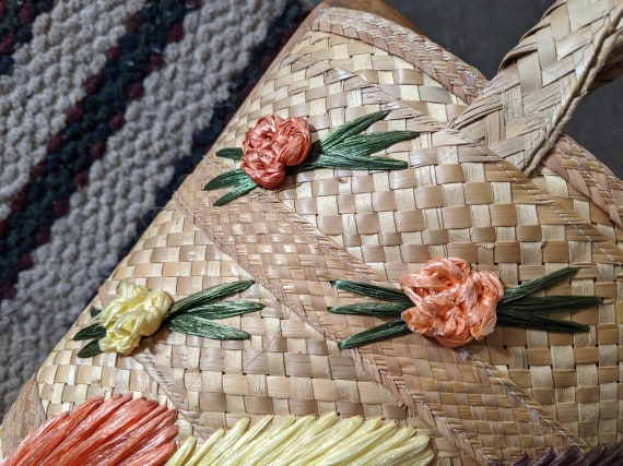 vintage woven straw wicker polynesian flower beac… - image 4