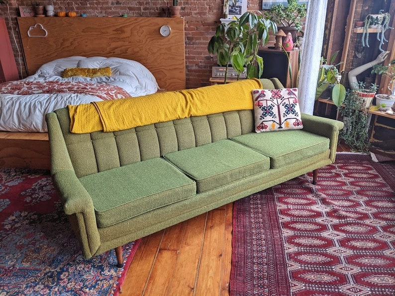 mid-century modern designer green flexsteel sofa couch vintage retro furniture image 1