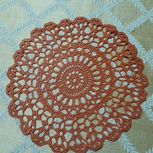 New hand crocheted 10&quot; doily in Papaya (Bittersweet color in ribbons) washable