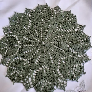 New hand crocheted Snow Pea Green 12&quot; plus doily in tulip pattern, washable thread