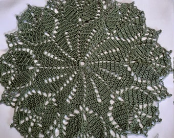 New hand crocheted Snow Pea Green 12" doily in tulip pattern, washable thread