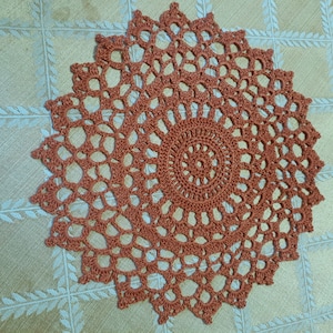 10&quot; hand crocheted doily in Papaya color in 100% cotton thread