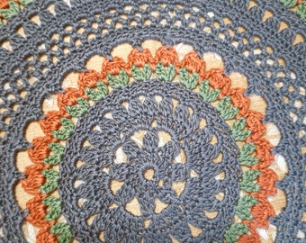 New 11" Round doily hand crocheted in all the new accent colors-pewter gray, papaya, and snow pea green