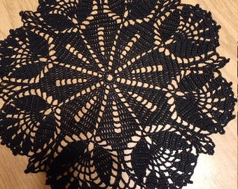 New hand crocheted 14 " doily in tulip pattern, washable thread in Black