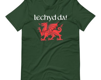 May include: A dark green t-shirt with a red dragon and the text "lechyda!" in white.