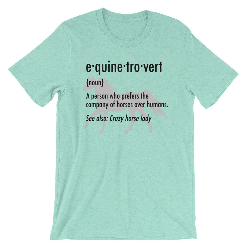Puede incluir: Una camiseta azul claro con una definici&oacute;n humor&iacute;stica de "e-quine-tro-vert" impresa en la parte delantera. La definici&oacute;n dice: "Una persona que prefiere la compa&ntilde;&iacute;a de los caballos a la de los humanos. Ver tambi&eacute;n: Crazy horse lady."