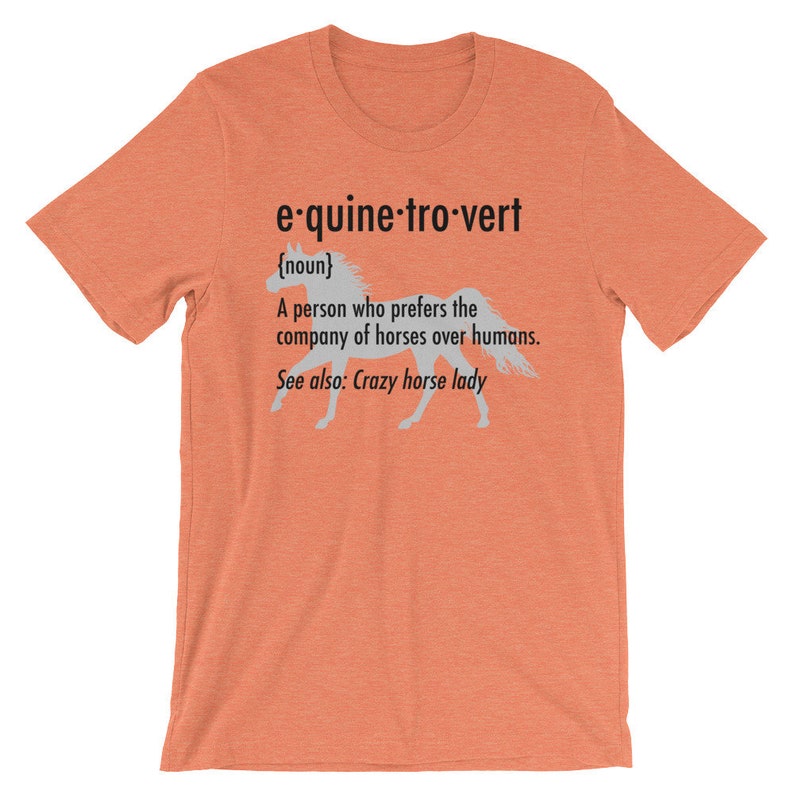 Puede incluir: Una camiseta naranja claro con una silueta blanca de un caballo corriendo. El texto en la camiseta dice "e-quine-tro-vert {noun} Una persona que prefiere la compa&ntilde;&iacute;a de los caballos a la de los humanos. Ver tambi&eacute;n: Crazy horse lady"