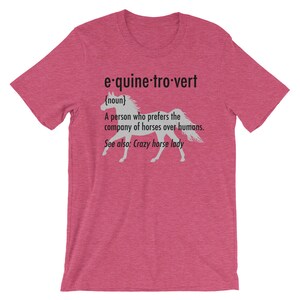 Puede incluir: Una camiseta rosa con una silueta blanca de un caballo y el texto "e-quine-tro-vert {noun} Una persona que prefiere la compa&ntilde;&iacute;a de los caballos a la de los humanos. Ver tambi&eacute;n: Crazy horse lady"