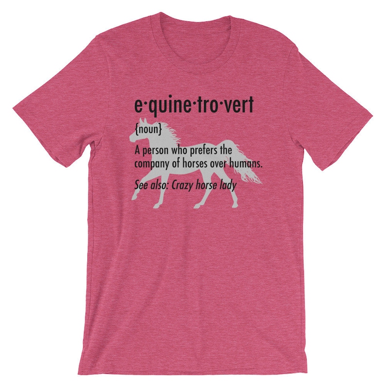 Puede incluir: Una camiseta rosa con una silueta blanca de un caballo y el texto "e-quine-tro-vert {noun} Una persona que prefiere la compa&ntilde;&iacute;a de los caballos a la de los humanos. Ver tambi&eacute;n: Crazy horse lady"