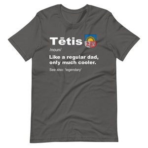 Puede incluir: Una camiseta gris oscuro con texto blanco que dice "Tētis /noun/ Like a regular dad, only much cooler. See also: 'legendary'". La camiseta también presenta un pequeño escudo de armas colorido.