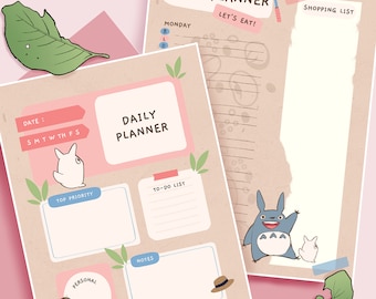 Planificador de comidas - Página de lista de comestibles - Planificador diario - Planificador de descargas digitales - Tema Totoro - Ghibli - PNG