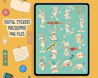Cute Bunny Digital Stickers - Dibujado a mano - PNG Stickers - Descargar - Vida diaria - PNG precortado - Kawaii