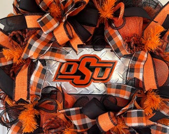 Oklahoma State University Mesh Door Wreath, OSU Cowboys Decor