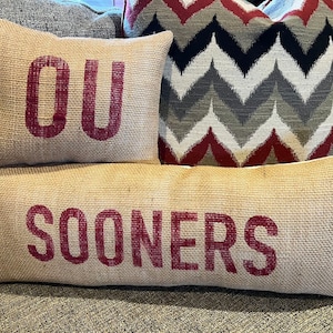 OU Sooners Pillows, Burlap Pillows, University of Oklahoma Pillows, University of Oklahoma Decor