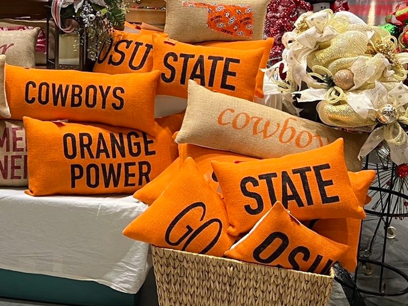 OSU Cowboys Burlap Pillow Set, Oklahoma State University Dorm Decor image 7
