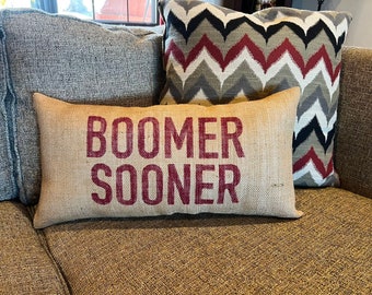 Boomer Sooner burlap pillow, University of Oklahoma pillows, OU Decor