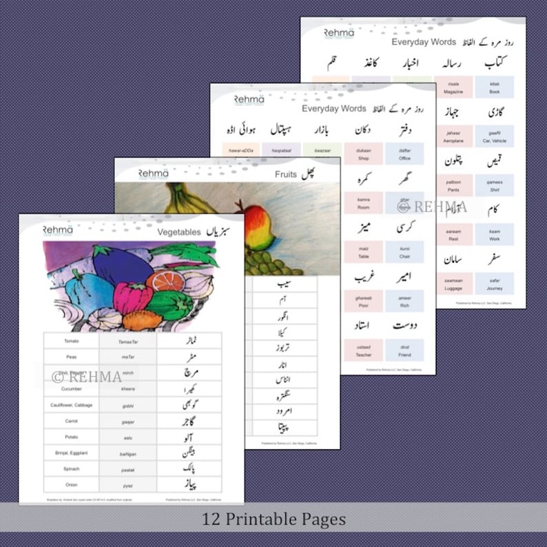 Urdu Vocabulary Posters Wordlist Charts Printable Digital Etsy