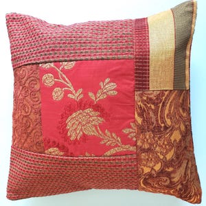 16x16 red & gold brocade pillow designer fabric patchwork cushion cover embroidered red + gold cushion cover 1-of-a-kind boho luxury pillow