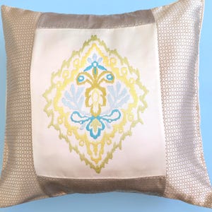 16x16 metallic pale pewter & embroidered pillow cover aqua + green embroidered silk pillow cover luxury designer silk patchwork pillow cover
