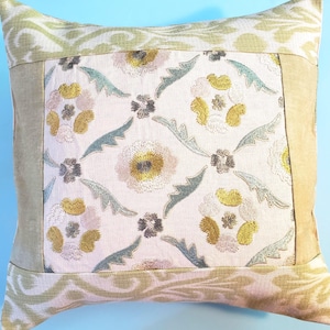 16x16 embroidered pear green pillow cover luxury patchwork cushion cover designer fabric pillow cover elevated 1-of-a-kind patchwork pillow