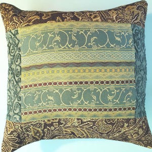 16x16 teal tan & gold luxury patchwork cushion cover textured designer patchwork pillow cover 1-of-a-kind teal designer brocade pillow cover