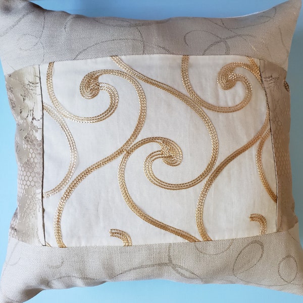 16x16 dimensional metallic gold & pale taupe eco-patchwork luxury pillow cover made of very expensive rescued designer fabric samples + GIFT