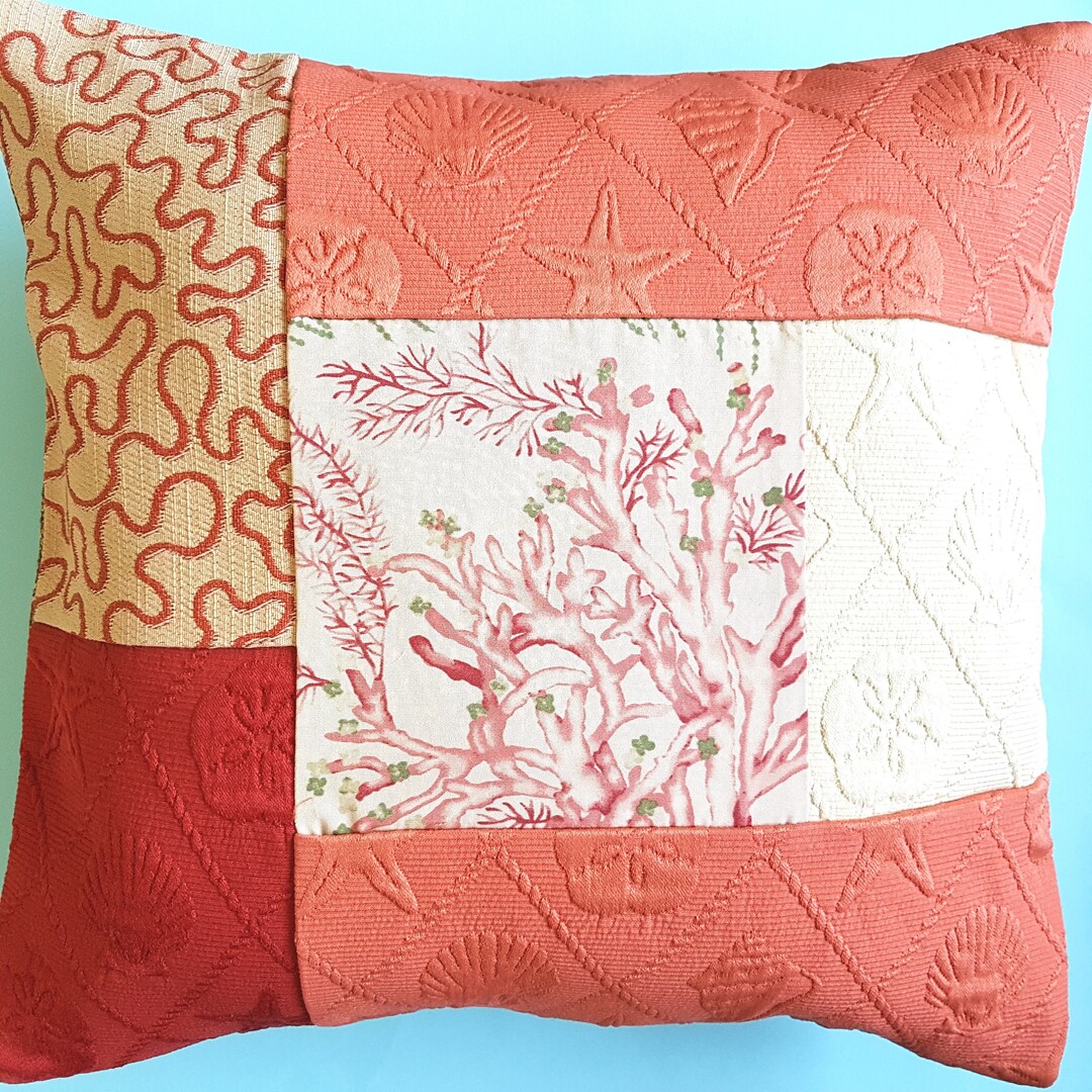 Coastal Vibe 16x16 Luxury Textured Coral & Cream Patchwork Cushion