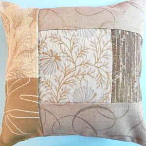 16x16 gold & taupe designer patchwork pillow cover 1-of-a-kind embroidered patchwork cushion cover luxury designer fabric boho pillow cover