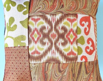 16x16 sustainable designer Ikat pillow cover textured copper & green cushion cover elevated patchwork sustainable 1-of-a-kind pillow cover
