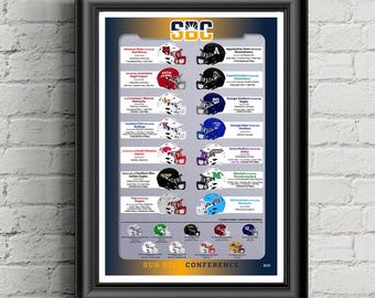 May include: A framed poster titled SBC Sun Belt Conference 2025 featuring a grid of college football team names, locations, and corresponding team-colored helmets. The design includes logos and text for various universities in a vertical layout.