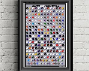 May include: A framed poster titled NCAA D3 FOOTBALL featuring a grid of numerous small, colorful football helmet illustrations in various team colors and designs, set against a gray background with the year 2026 printed at the bottom right.