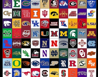 May include: A rectangular poster featuring a grid of numerous colorful collegiate sports logos and team mascots arranged in rows and columns. Each square contains a distinct emblem representing various universities, showcasing a variety of graphic designs, typography, and team colors on solid backgrounds.