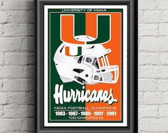 May include: Framed poster featuring the University of Miami Hurricanes logo. The design includes a white football helmet, the word "Hurricanes", and championship years 1983-2001 in green, orange, and white.