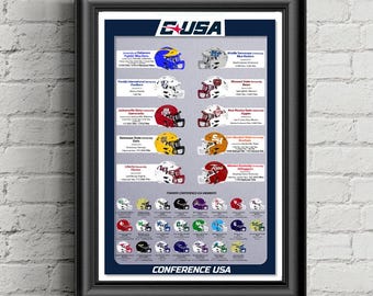 May include: A framed poster titled C-USA featuring a collection of college football helmet illustrations and team information. The display includes ten primary helmet graphics with text details and a grid of smaller helmet icons below.