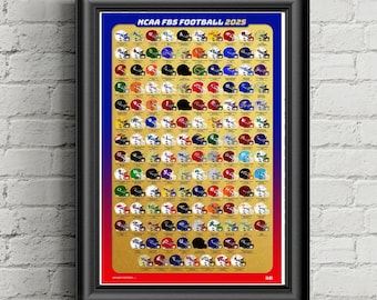 May include: Framed poster featuring a grid of football helmets, each representing a team. The poster has a gold background with the text "NCAA FBS FOOTBALL 2025" at the top. The frame is black, and the poster is against a white brick wall.