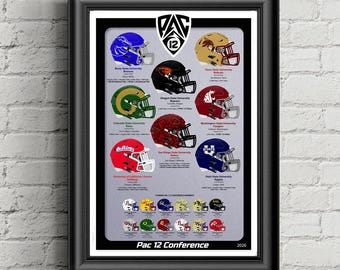 May include: A framed poster titled Pac 12 Conference featuring a central Pac-12 logo, surrounded by illustrations of various college football helmets in team colors, including blue, gold, black, green, red, and maroon, with text labels below each.