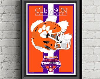 May include: Framed poster featuring a Clemson University football helmet in orange and white. The poster includes the text "CLEMSON UNIVERSITY" at the top and "NATIONAL CHAMPIONS" with the years 1981, 2016, and 2018.