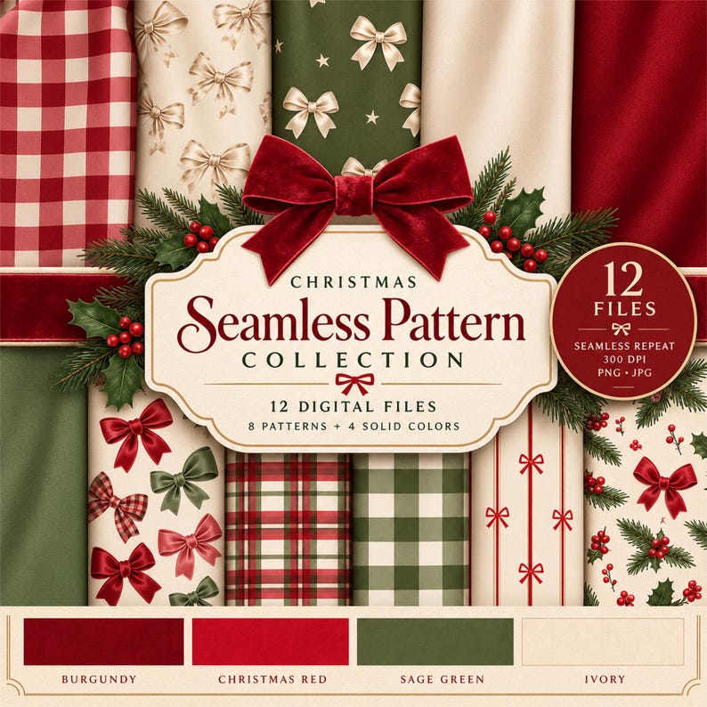 Chistmas Color Pattern Christmas Seamless Pattern Bundle, 8 Patterns and 4 Solid Colors, PNG ...