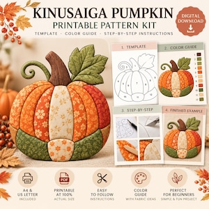 Könnte beinhalten: Ein Kinusaiga-Kürbis-Druckvorlagen-Set mit einem fertigen Stoffkürbis in orangefarbenen, cremefarbenen und grünen Blumenmustern. Enthält eine nummerierte Vorlage, einen Farbleitfaden und eine Schritt-für-Schritt-Anleitung für A4-Drucke.