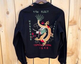 1940er Jahre WWII 1946 China Souvenir Tour Drache bestickte Wolljacke