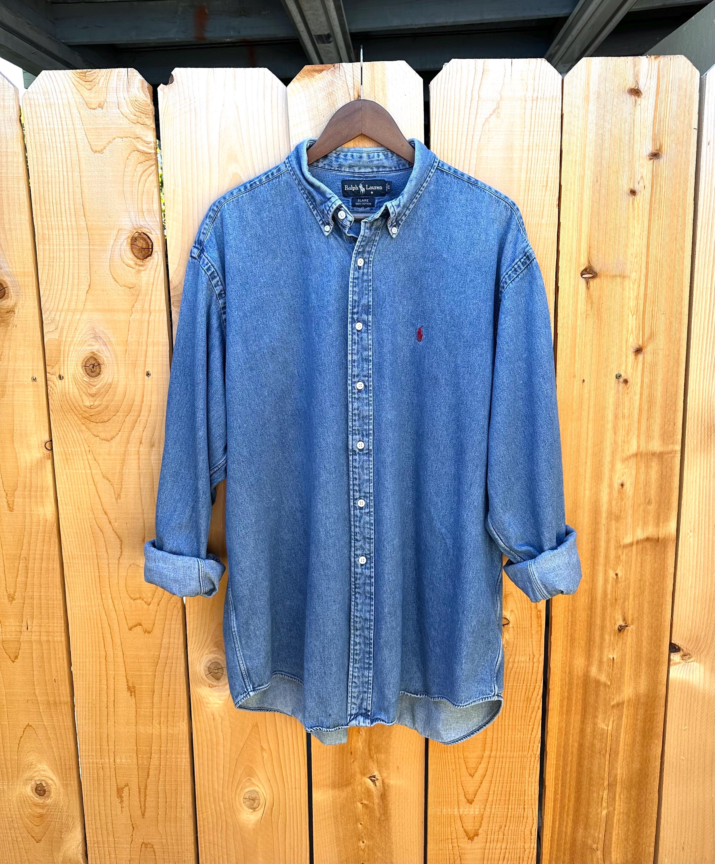 1990s Vintage Ralph Lauren Blaire Blue Denim Work Shirt XL