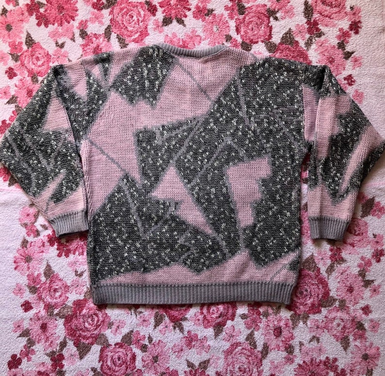 80s Vintage Pastel Pink Heather Grey Abstract Art Grandma Pullover Sweater