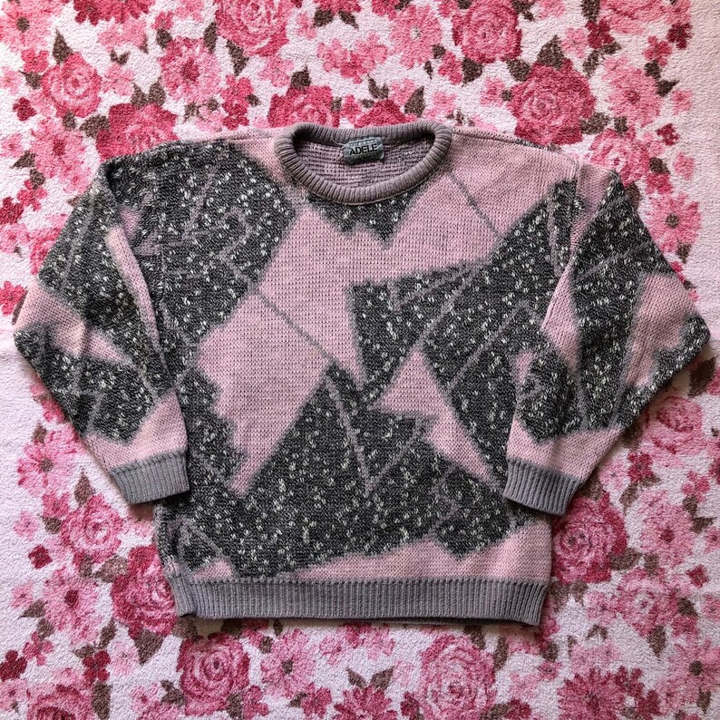 80s Vintage Pastel Pink Heather Grey Abstract Art Grandma Pullover Sweater