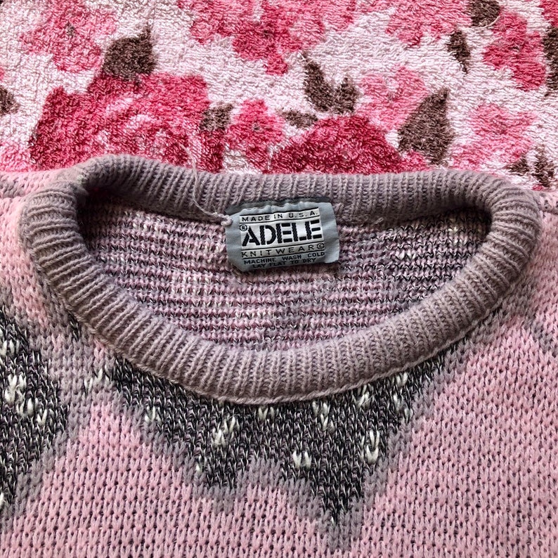 80s Vintage Pastel Pink Heather Grey Abstract Art Grandma Pullover Sweater