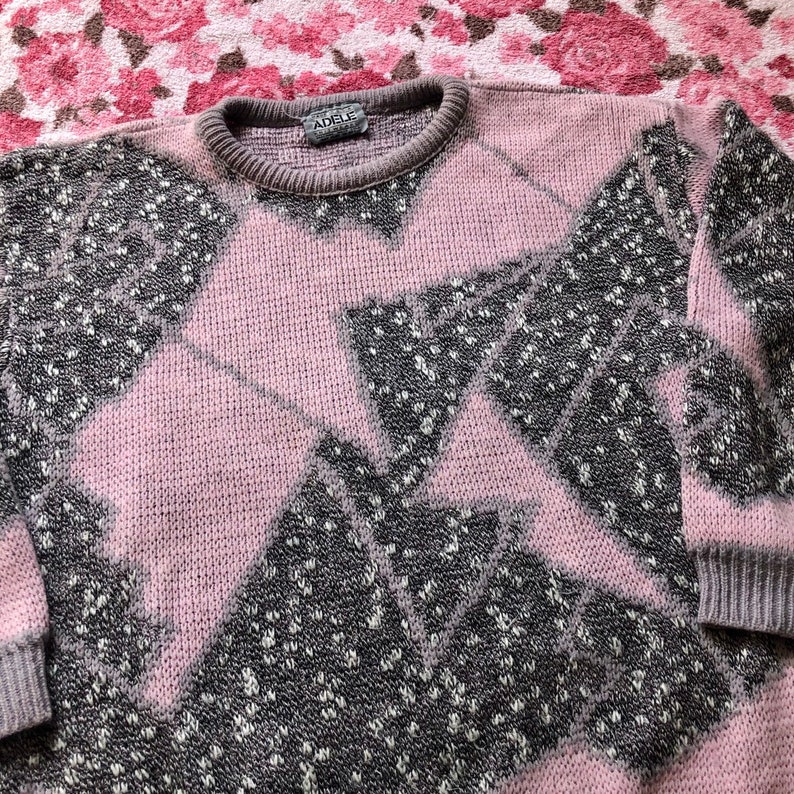 80s Vintage Pastel Pink Heather Grey Abstract Art Grandma Pullover Sweater